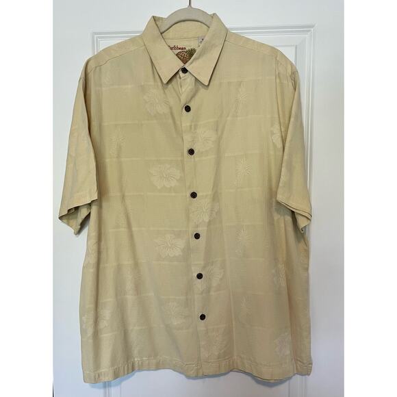 Caribbean Mens Hawaiian Short Sleeve Button Down Shirt Yellow Size XL Silk Blend - Picture 1 of 9